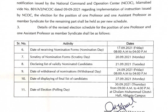 Revised Election Schedule for the Position of One Professor and One Assistant Professor as Member Syndicate
