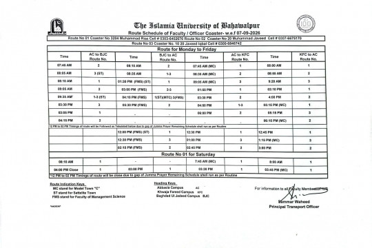 Transport Schedule w.e.f. 07-09-2026