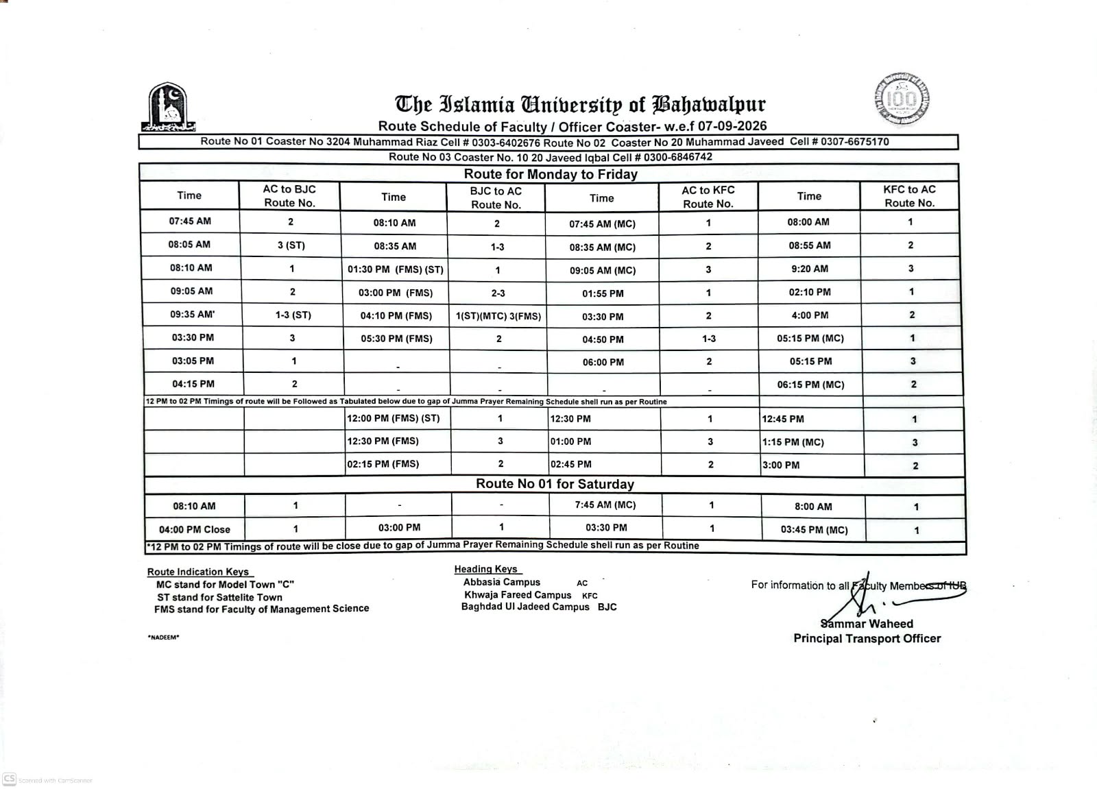 Transport Schedule w.e.f. 07-09-2026