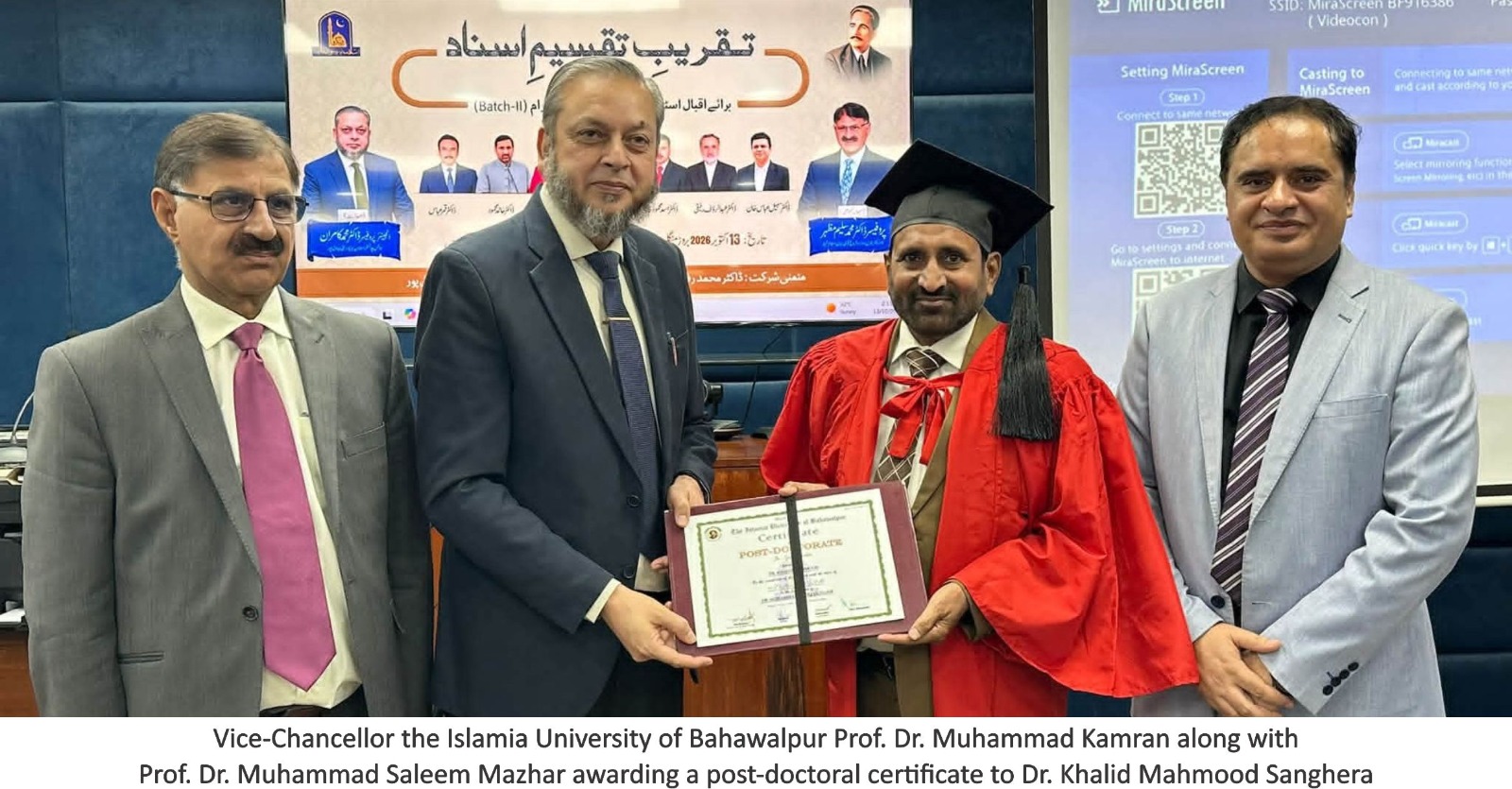 A certificate distribution ceremony for the second batch of the Post-Doctoral Program at Iqbal Studies