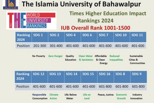 The Islamia University of Bahawalpur has made significant progress in the 2024 T.H.E University Impact Ranking