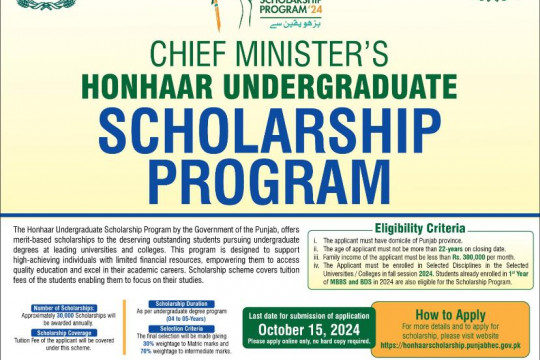 Chief Minister Honhaar Undergraduate Scholarship Program - Last Date for submission of application : Oct 15 2024