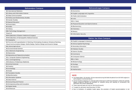 Bachelor Degree Programs (Group-A) Fall Semester - 2024 : for student from Ex-FATA/Baluchistan Regions