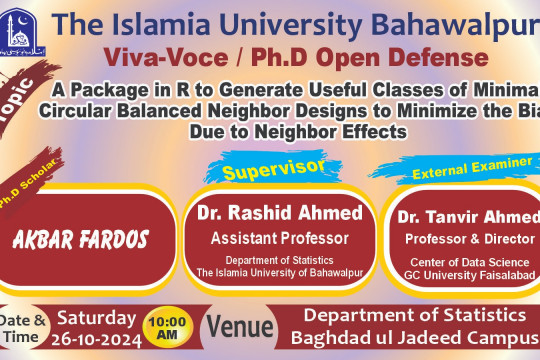 The open defense of PhD scholar Akbar Fardos of the Department of Statistics will be held on 26 October 2024