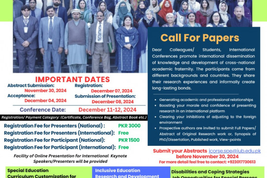 4th International Conference on Research in Special Education (ICORSE-2024) will be held on 11-12 December 2024