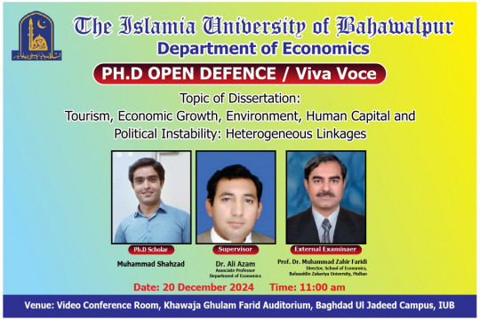 The open defense of Muhammad Shahzad, PhD scholar of the Department of Economics, IUB, will be held on Dec 20, 2024