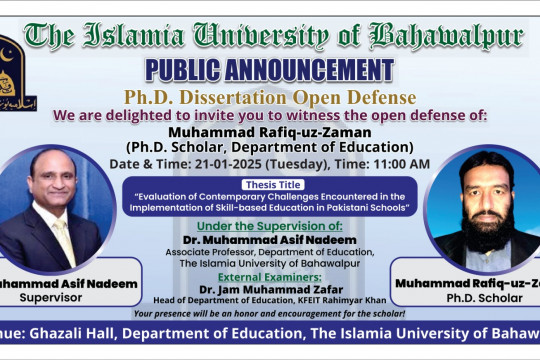 Muhammad Rafiq uz Zaman, a PhD scholar in the Department of Education, will have an open defense on January 21, 2025