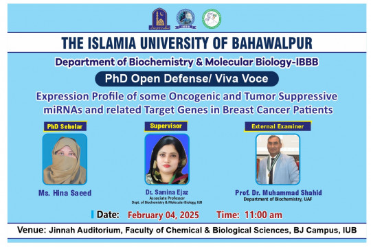 Hina Saeed, who belongs to Department of Biochemistry & Molecular Biology, will have a PhD open defense on Feb 4, 2025