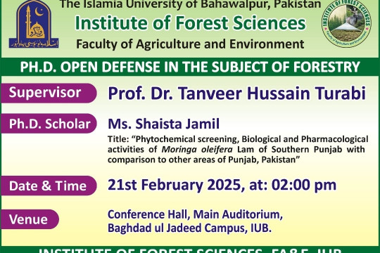 Shaista Jamil, PhD scholar who belongs to the Institute of Forest Sciences, will have her open defense on Feb 21, 2025