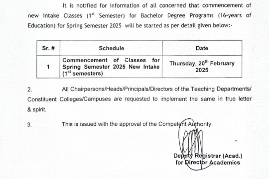 Commencement of New Intake Classes for Bachelor Degree Programs (16-years Education) for Spring Semester 2025