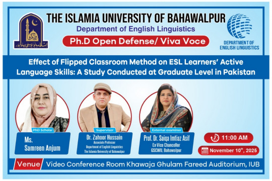 The Department of English Linguistics will hold the PhD public defense of candidate Samreen Anjum on November 10, 2025.