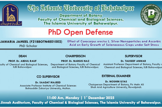 On December 1, 2025, Jawaria Jameel, a PhD candidate in the Department of Botany, will have his public defense.