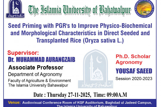 On November 27, 2025, Yousaf Saeed, a PhD scholar in the Department of Agronomy, will make his public defense.