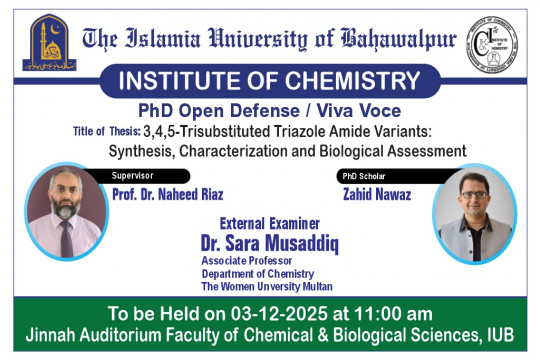 On December 3, 2025, Zahid Nawaz, a PhD scholar from the Institute of Chemistry, will defend his thesis.