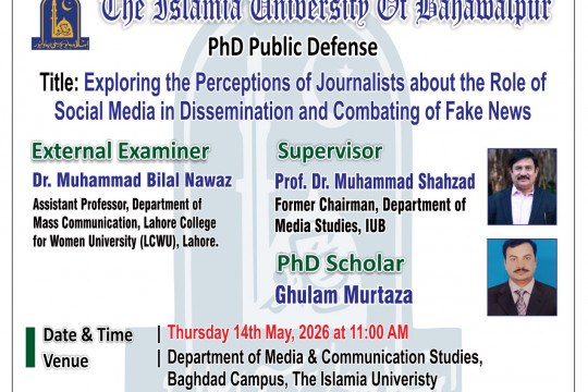 Ghulam Murtaza, a PhD scholar in the subject of Media Studies, will make his public defense on May 14, 2026.