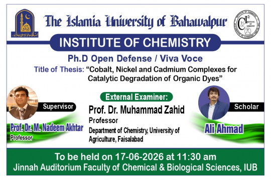 On June 17, 2026, PhD scholar Ali Ahmad will have a public defense at the Institute of Chemistry.