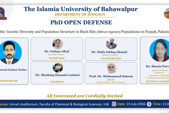 PhD Scholar Muhammad Zeshan Haider of the Department of Zoology will publicly defend his thesis on July 23, 2026.