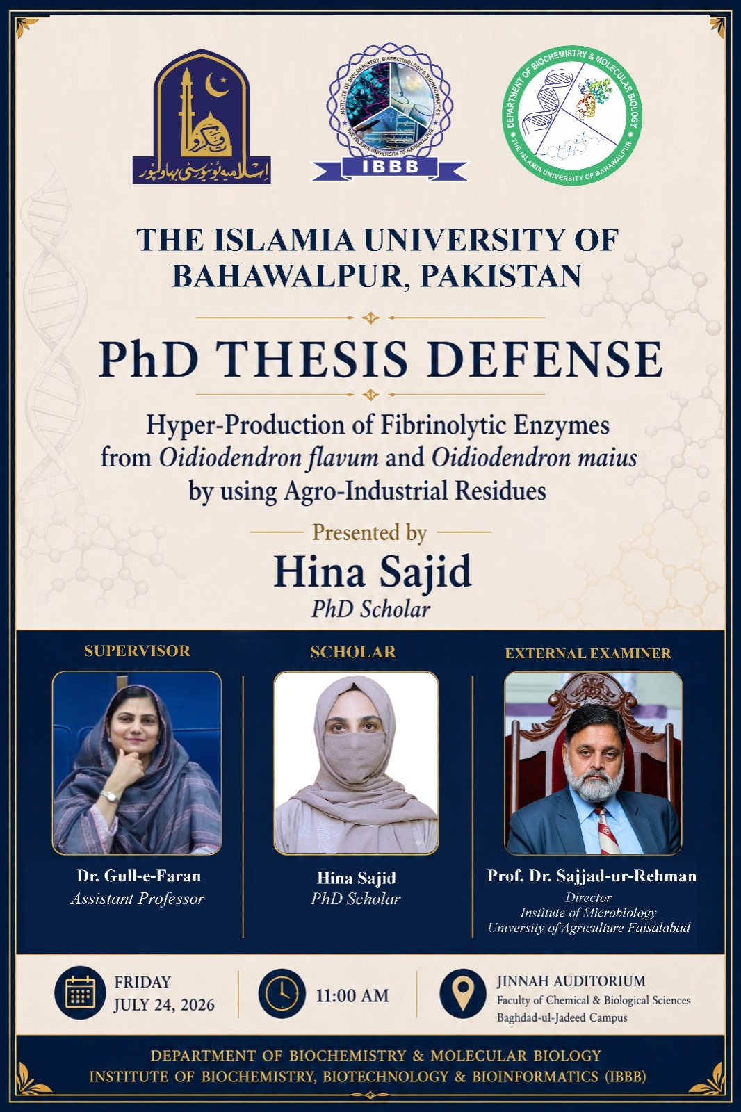 Hina Sajid, PhD scholar from IBBB, will publicly defend her thesis on July 23, 2026.
