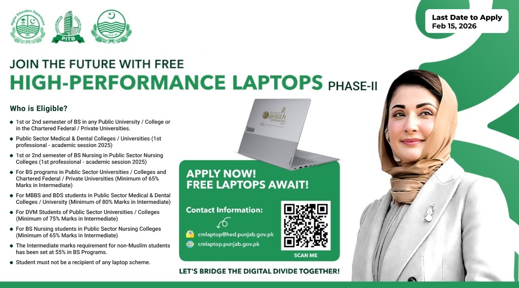 CM Punjab Laptop Scheme for Students - Phase II Last Date of apply 15 Feb 2026