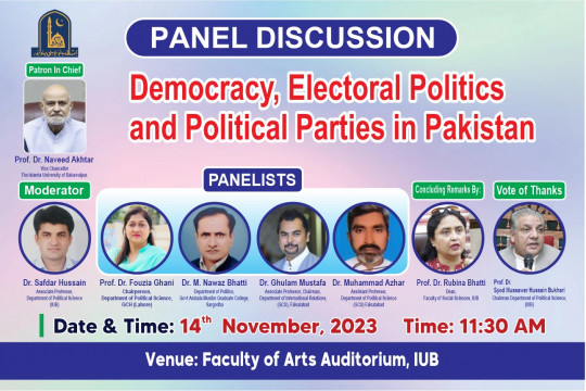 Panel Discussion - Democracy, Electoral Politics and Political Parties in Pakistan will be held on 14th Nov 2023
