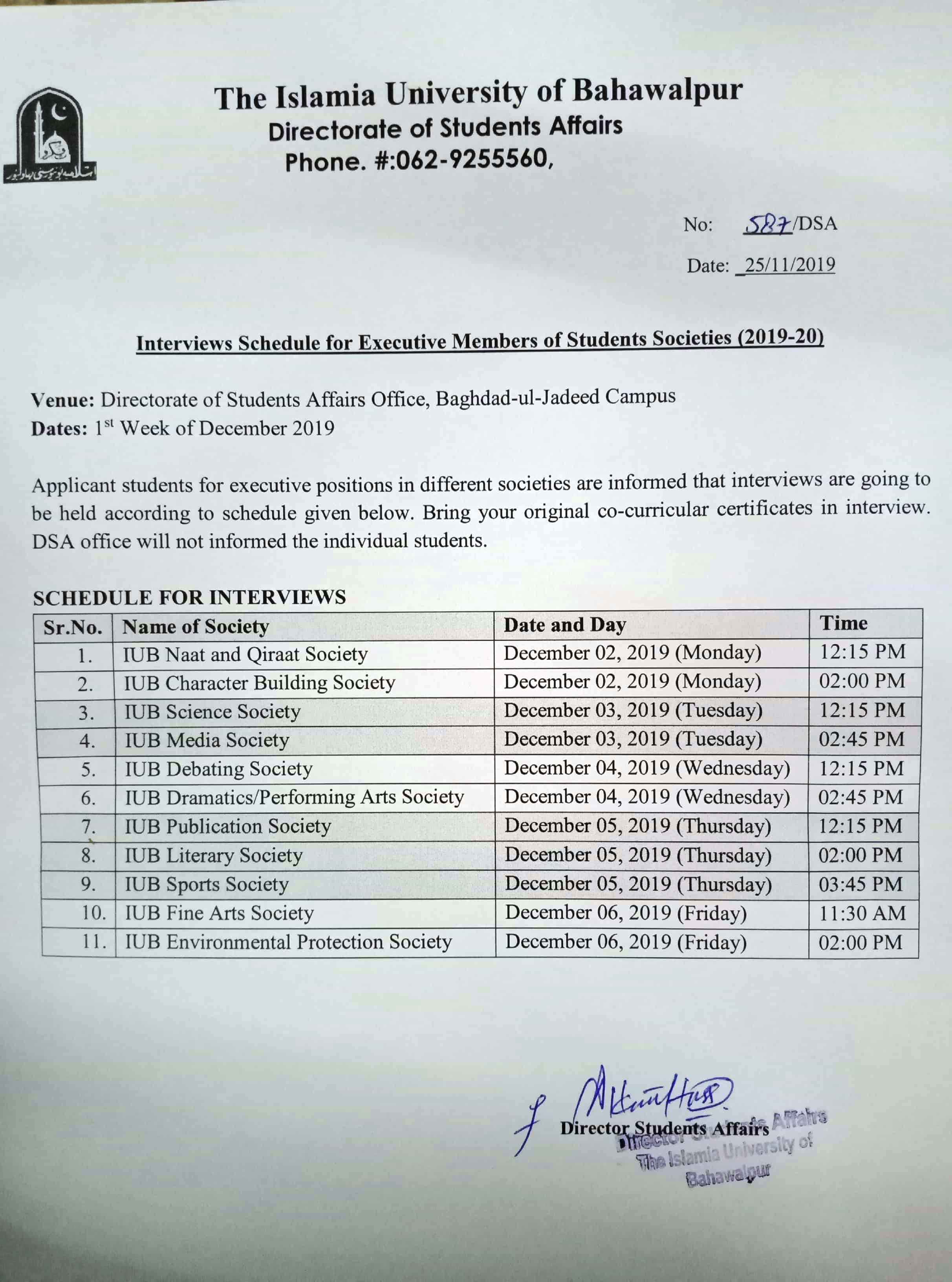 Interview Schedule (Societies)